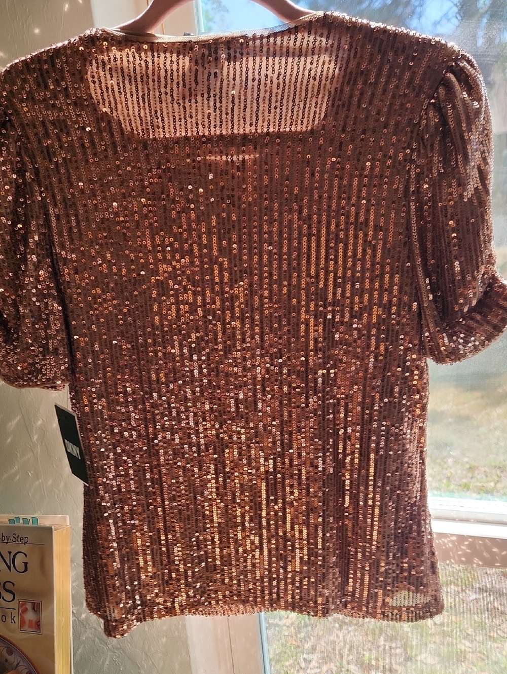 DKNY Rose Gold Sequin Short Sleeve Top. NWT